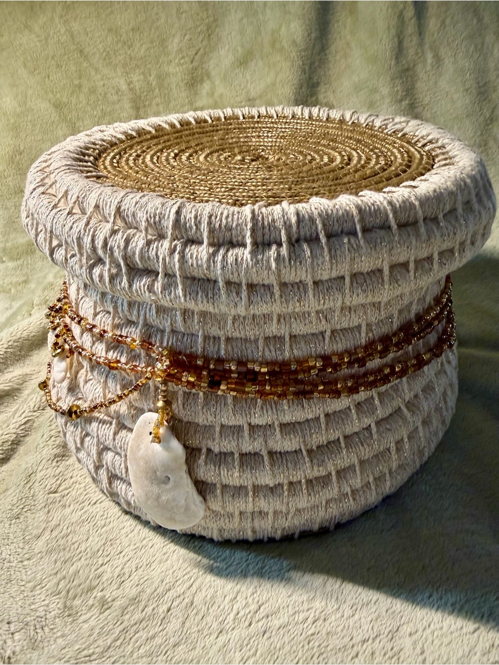 Handmade Art Coiled Basket  with Lid and embellishments of beading and shells - Picture 8 of 15
